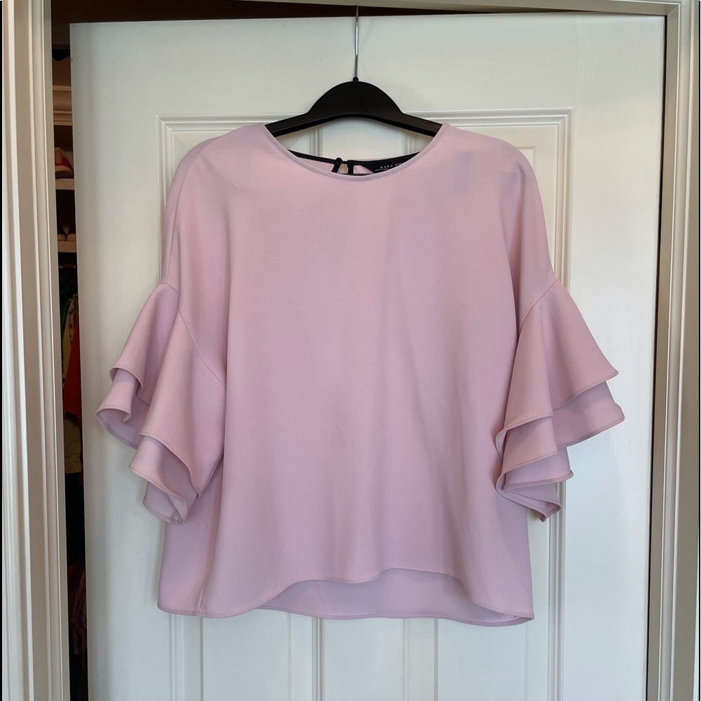 Zara pale pink ruffle sleeve blouse